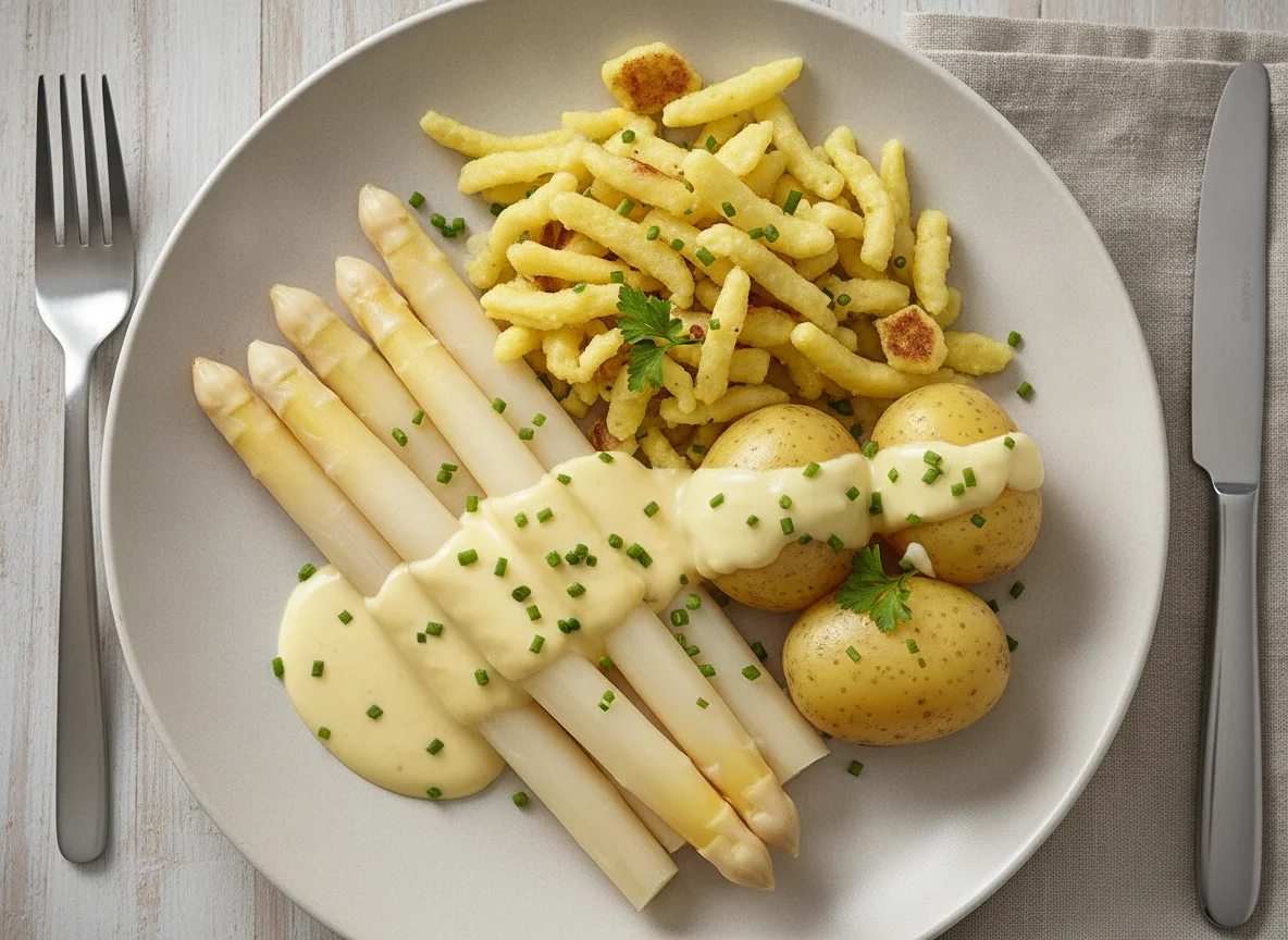 Spargel mit Spätzle, Salzkartoffeln und Sauce Hollandaise photo