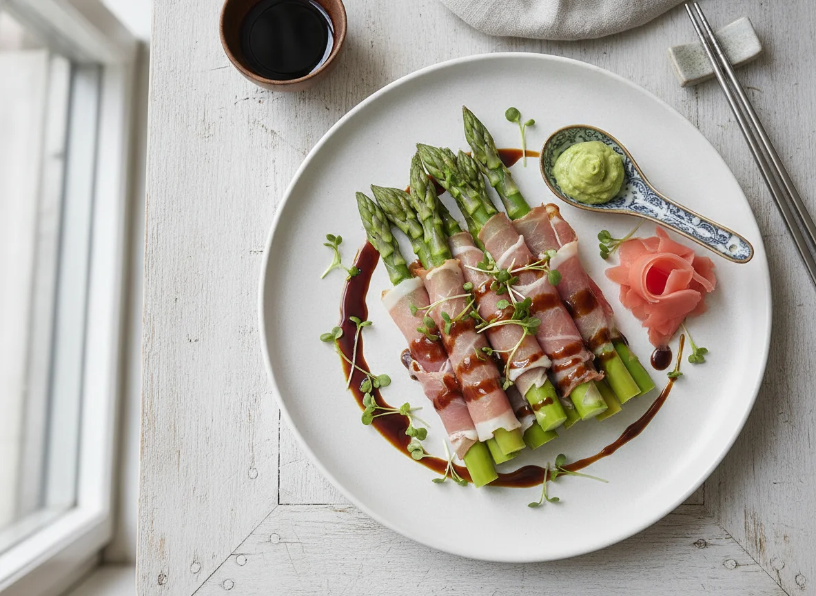 Spargel umwickelt mit Schinken und Wasabi photo