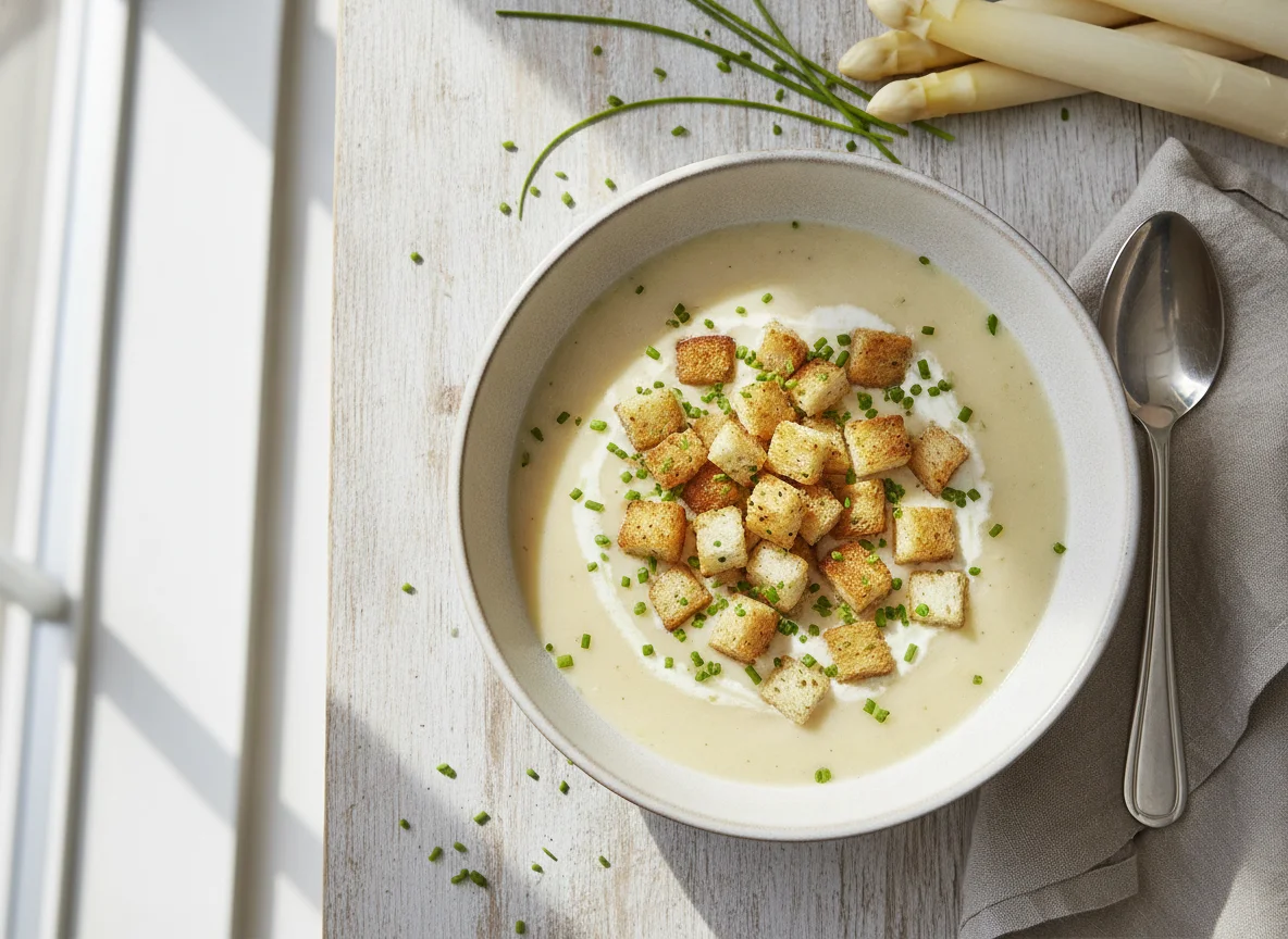 Spargelcremesuppe mit Croutons photo