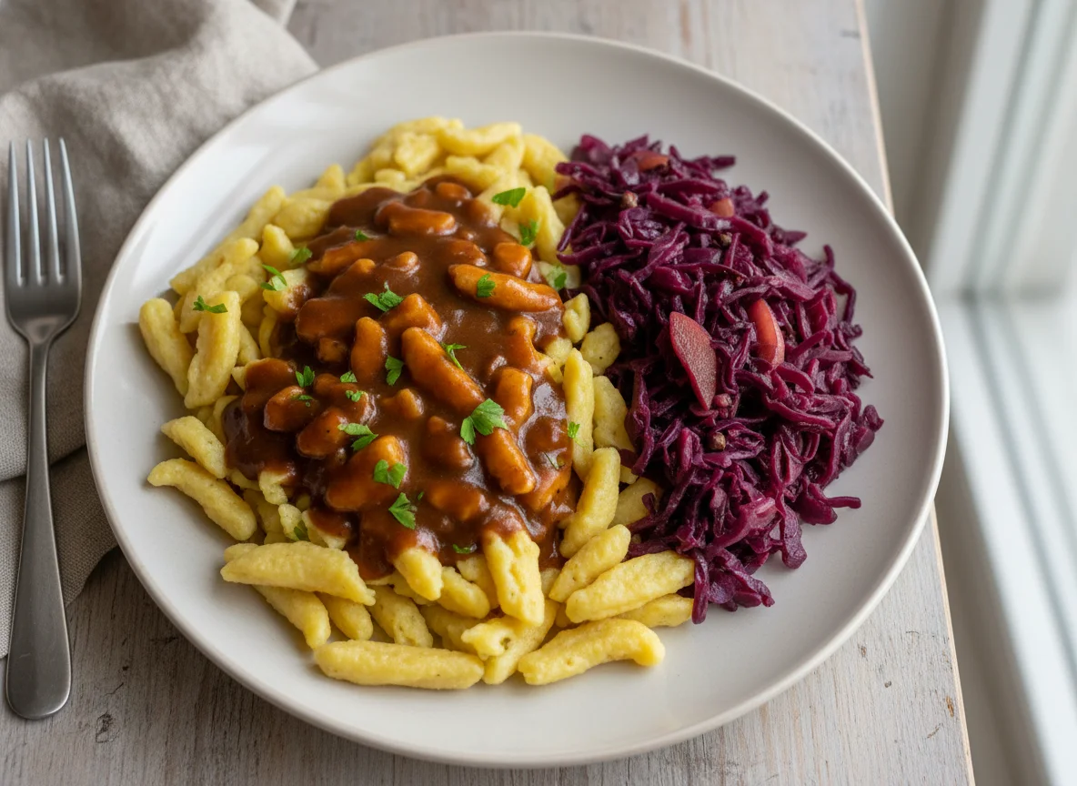 Spätzle mit Bratensoße und Rotkohl photo