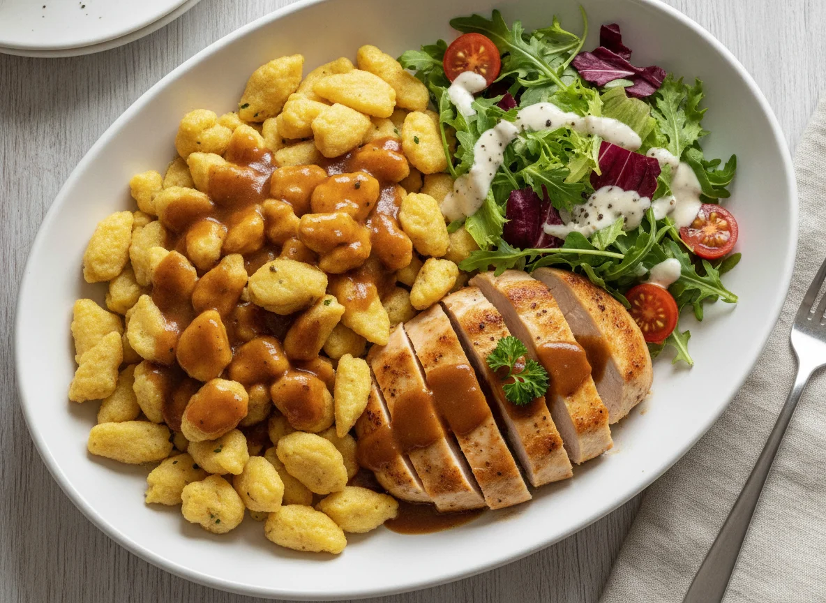 Spätzle mit Fleisch und Salat photo
