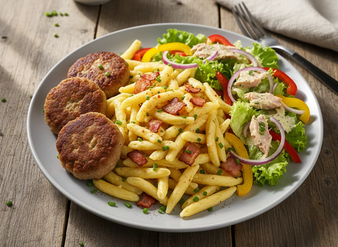 Spätzle mit Frikadellen und Salat photo