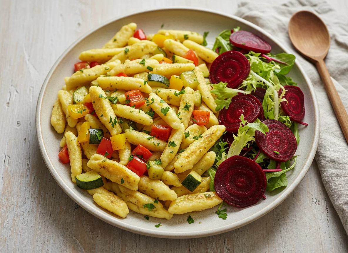 Spätzle mit Gemüse und Rote-Bete-Salat photo