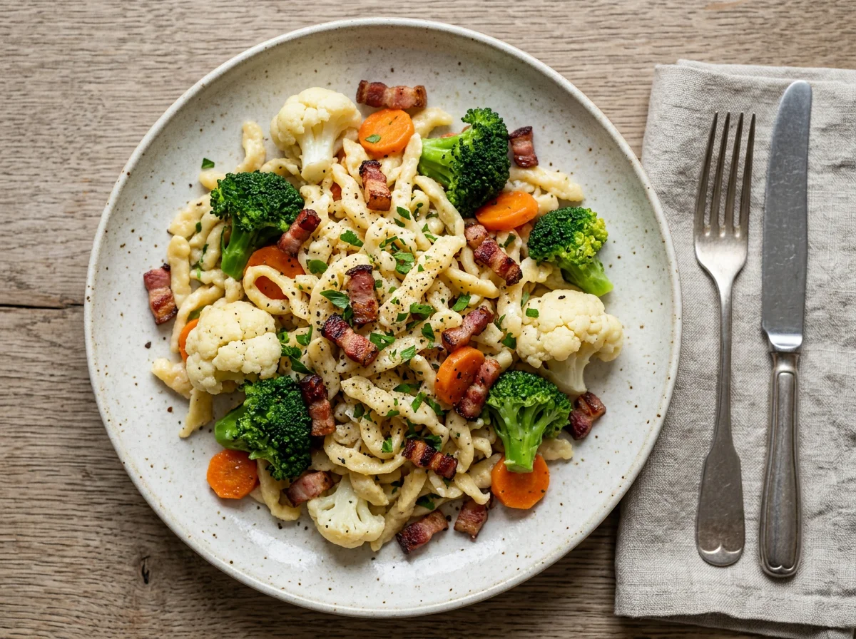 Spätzle mit Gemüse und Speck photo