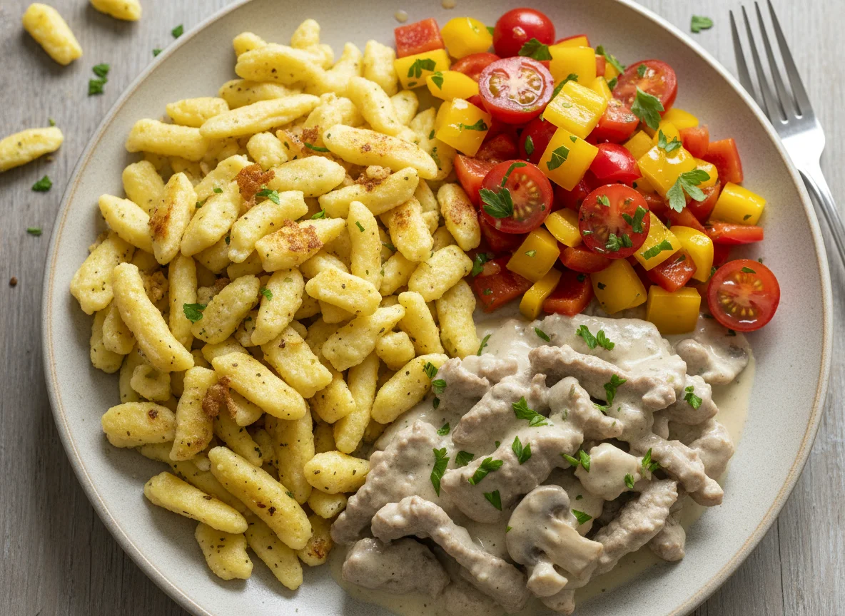 Spätzle mit Geschnetzeltem und Paprika-Tomaten-Salat photo