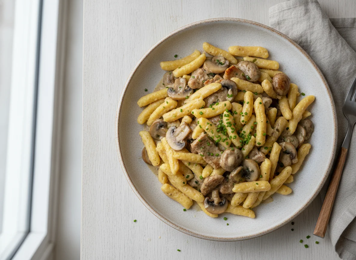 Spätzle mit Geschnetzeltem und Pilzrahmsauce photo