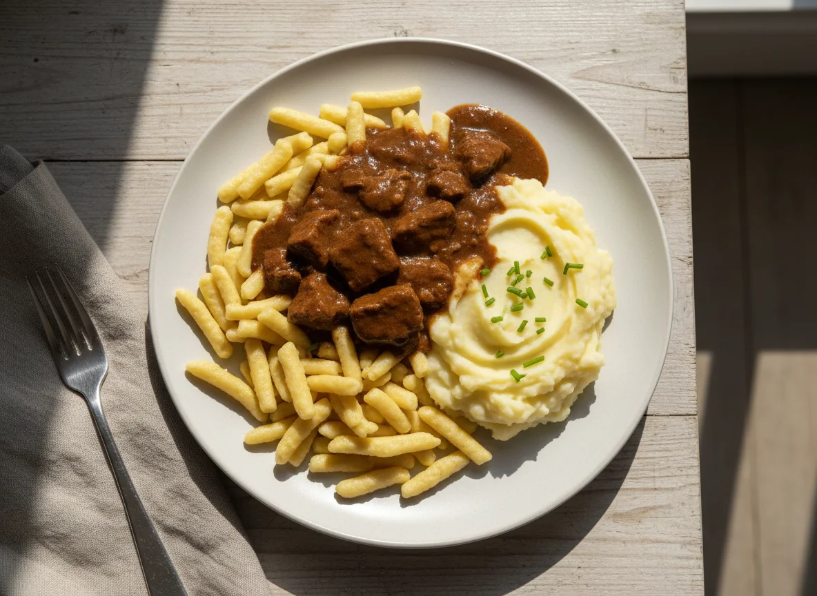 Spätzle mit Gulasch und Kartoffelbrei photo