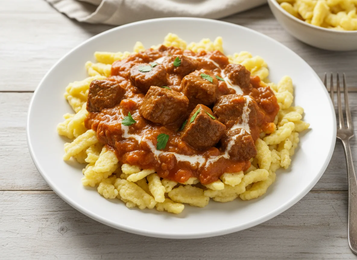 Spätzle mit Gulasch und Soße photo