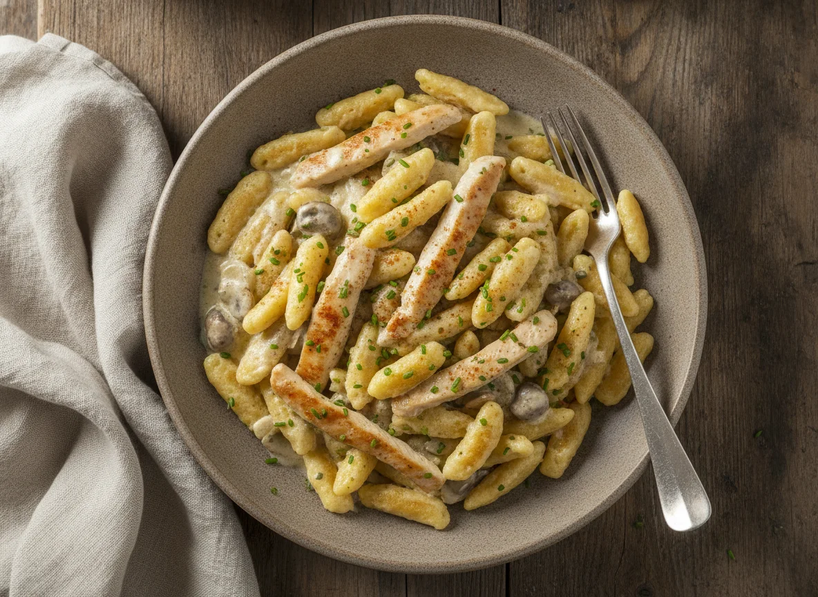 Spätzle mit Hähnchen in Sahnesauce photo
