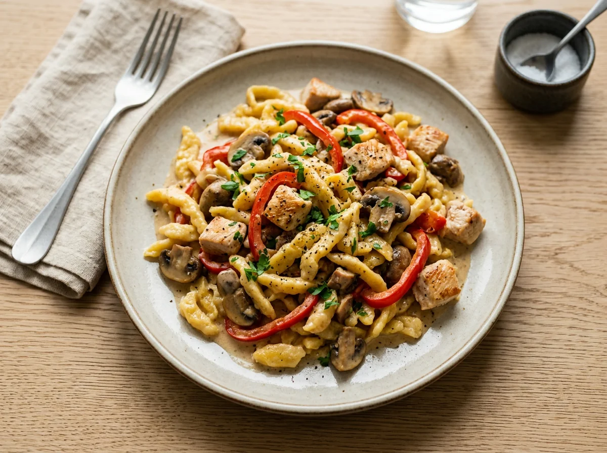 Spätzle mit Hähnchen, Pilzen und Paprika in Rahmsauce photo