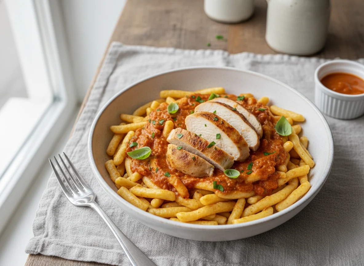 Spätzle mit Hähnchen und Sauce photo