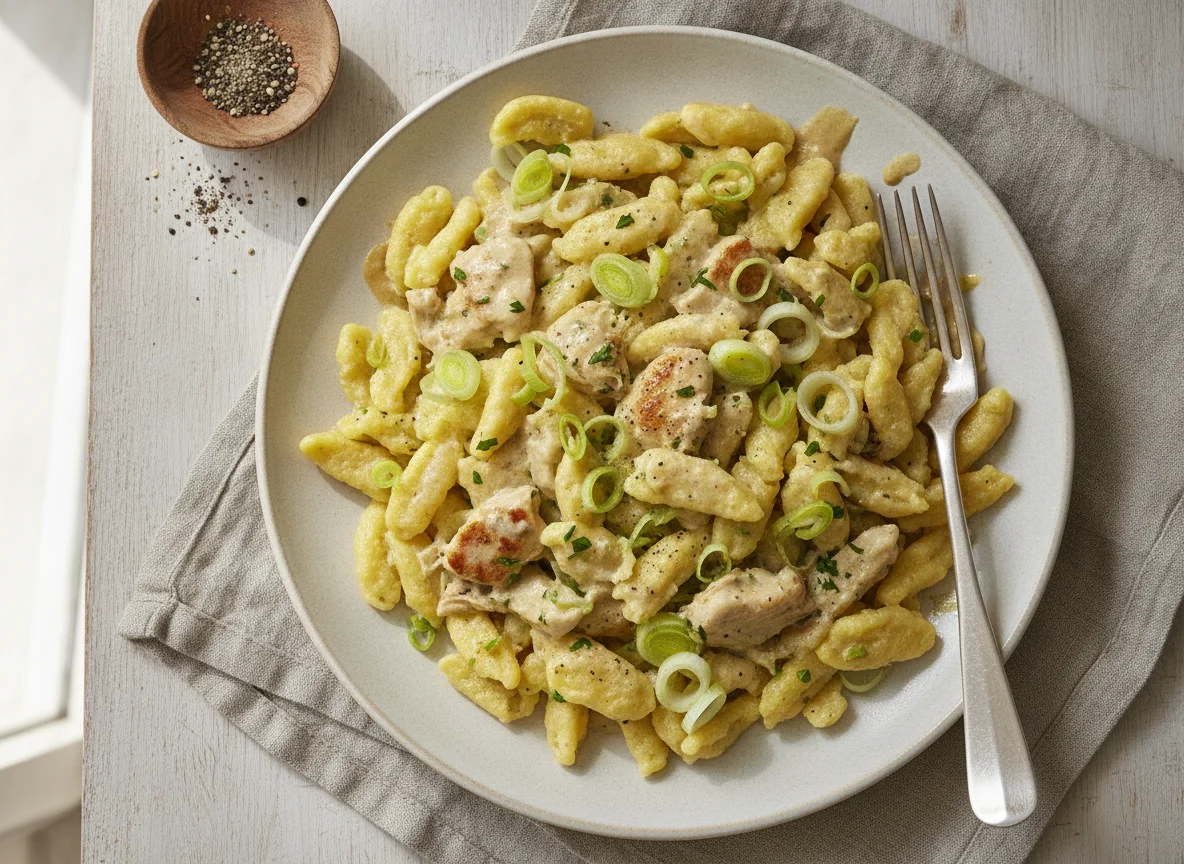 Spätzle mit Hähnchen-Geschnetzeltem in Sahnesauce photo