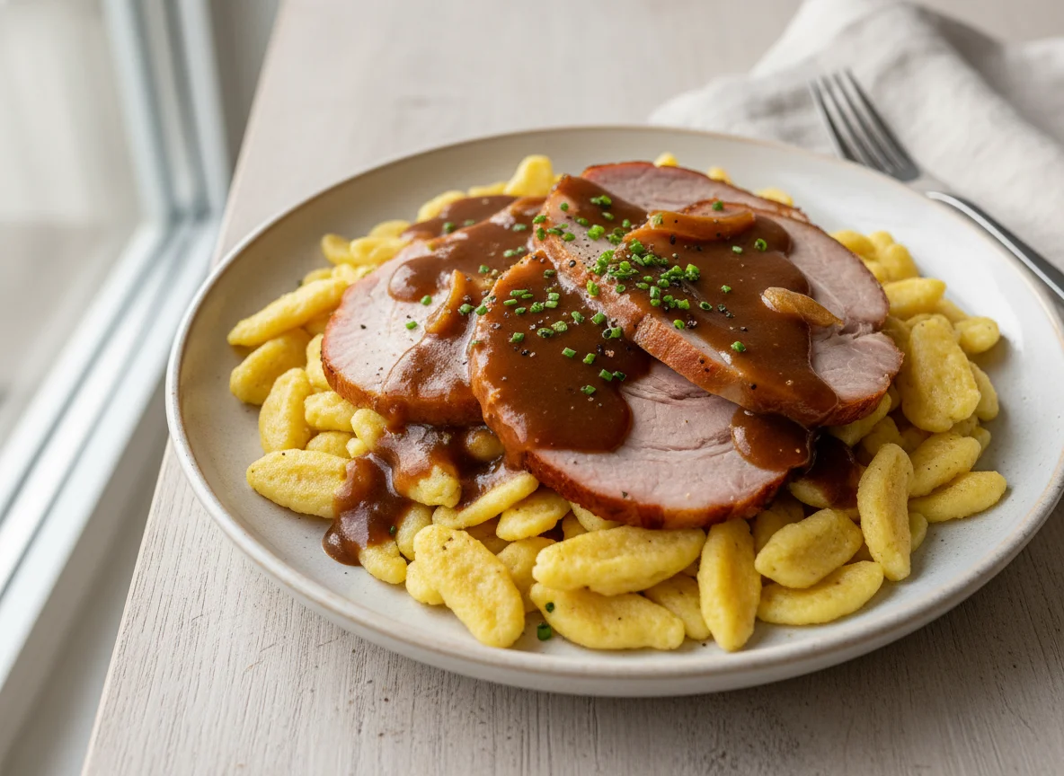 Spätzle mit Kassler und Bratensoße photo