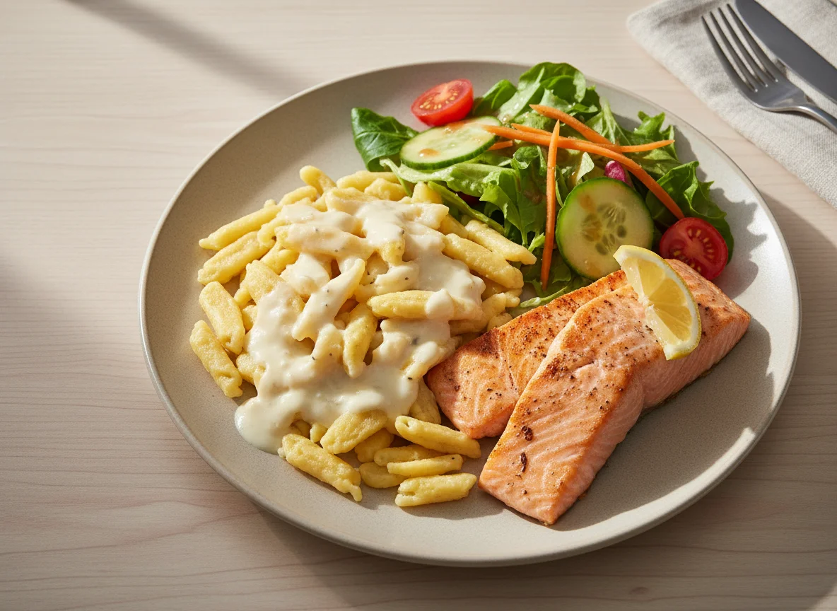 Spätzle mit Lachs und Salat photo