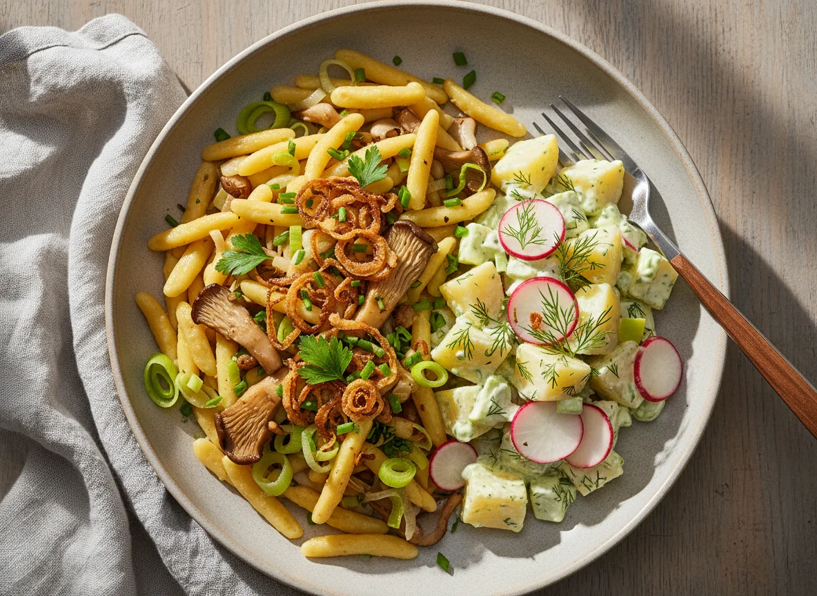 Spätzle mit Lauch und Pilzen, dazu Kartoffel-Rettich-Salat photo