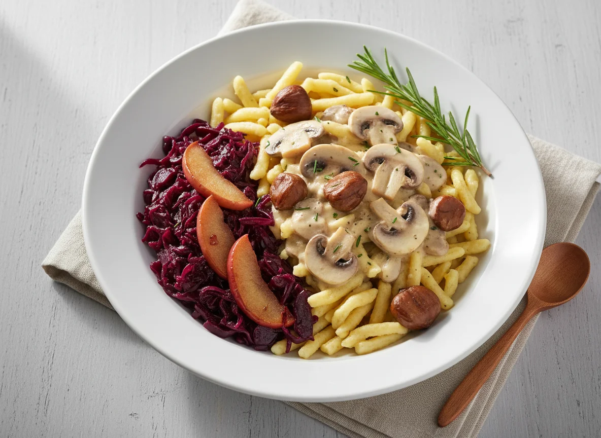 Spätzle mit Pilzrahmsauce, Rotkraut und Maronen photo
