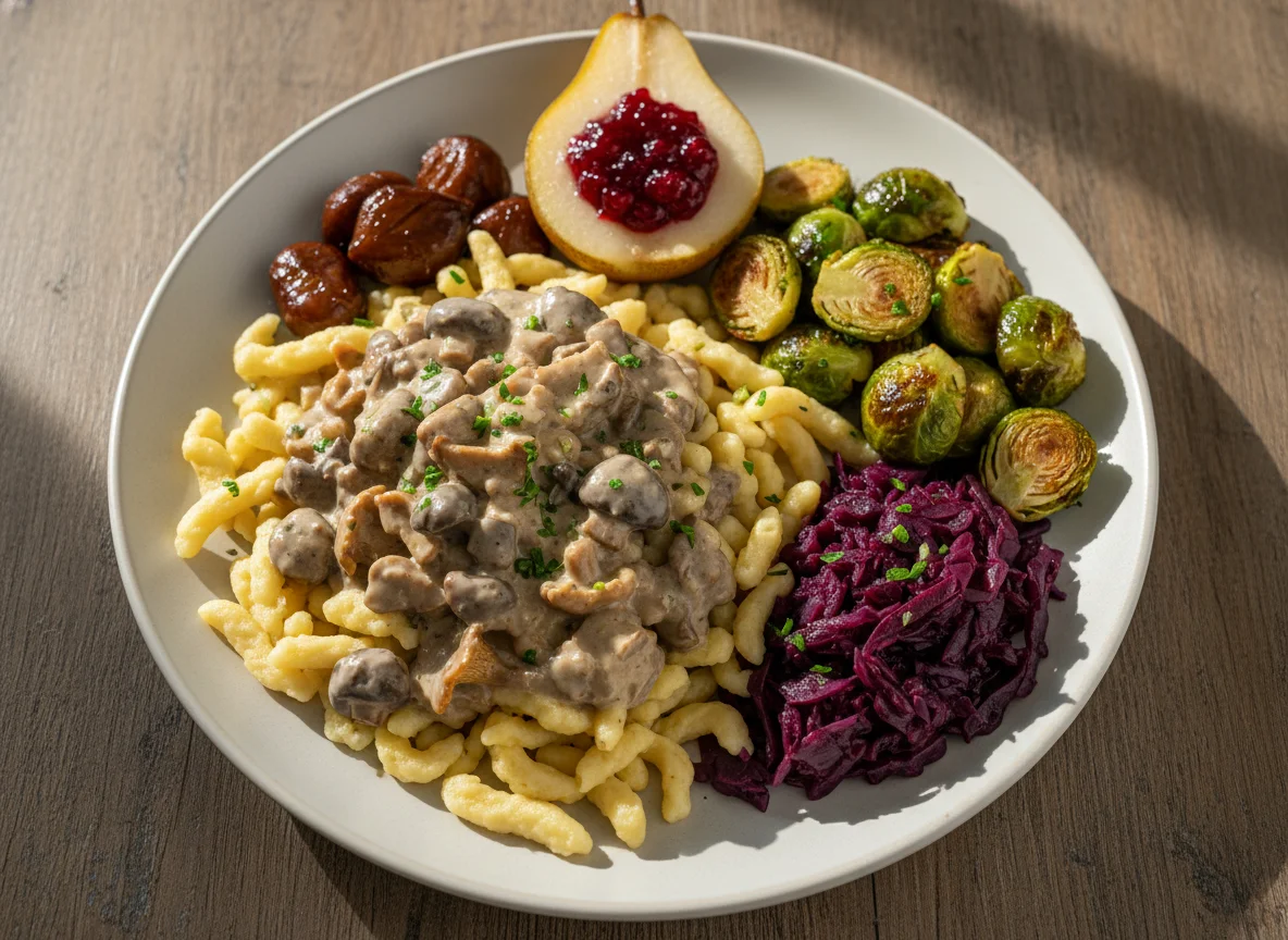 Spätzle mit Pilzrahmsauce und Beilagen photo