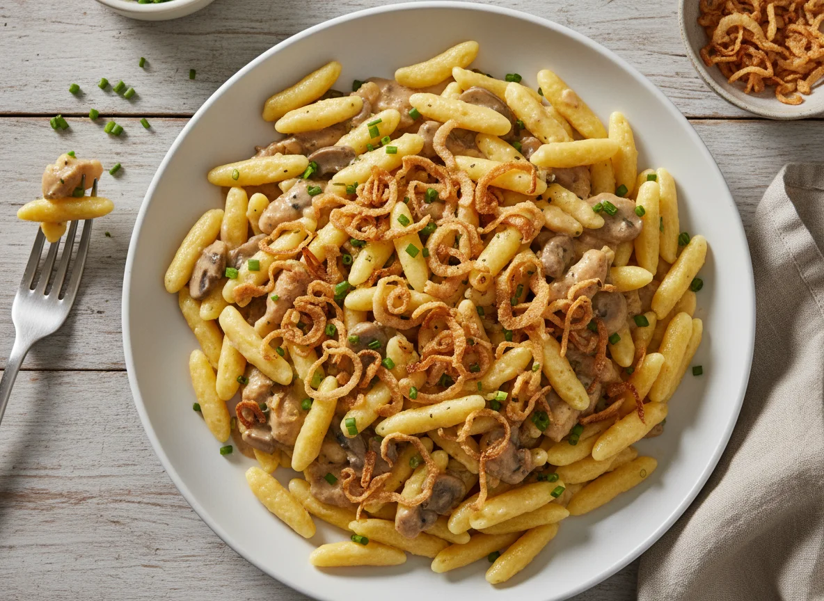 Spätzle mit Rahmgeschnetzeltem und Röstzwiebeln photo