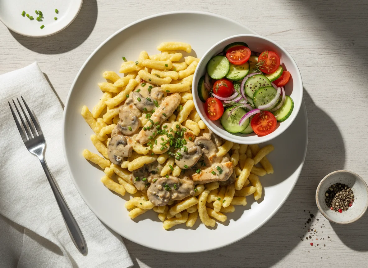 Spätzle mit Rahmgeschnetzeltem und Tomaten-Gurken-Salat photo