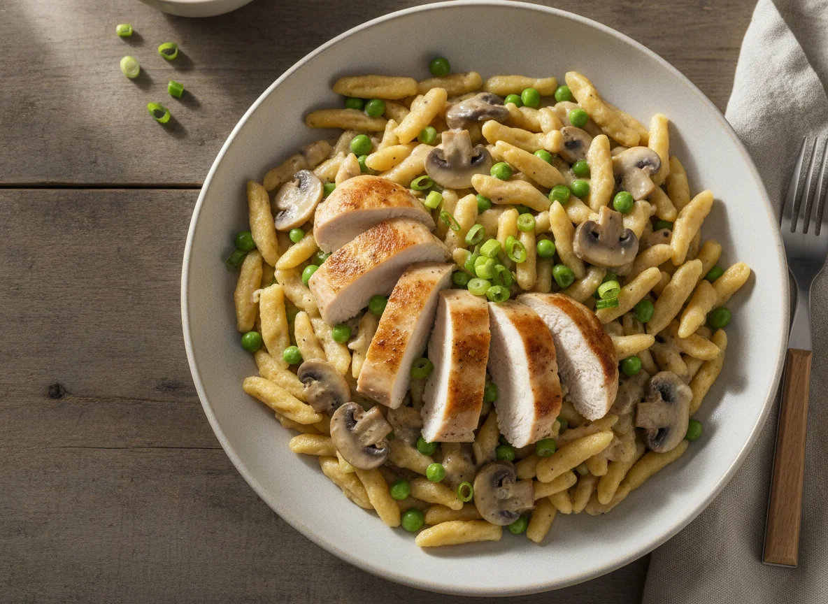 Spätzle mit Rahmsauce, Erbsen, Pilzen und Hähnchen photo