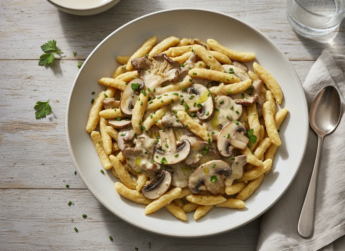 Spätzle mit Rahmsoße und Pilzen photo