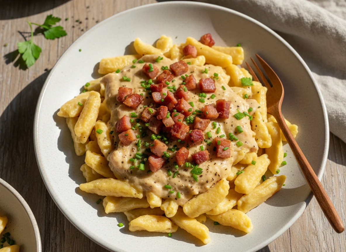 Spätzle mit Rahmsoße und Speck photo