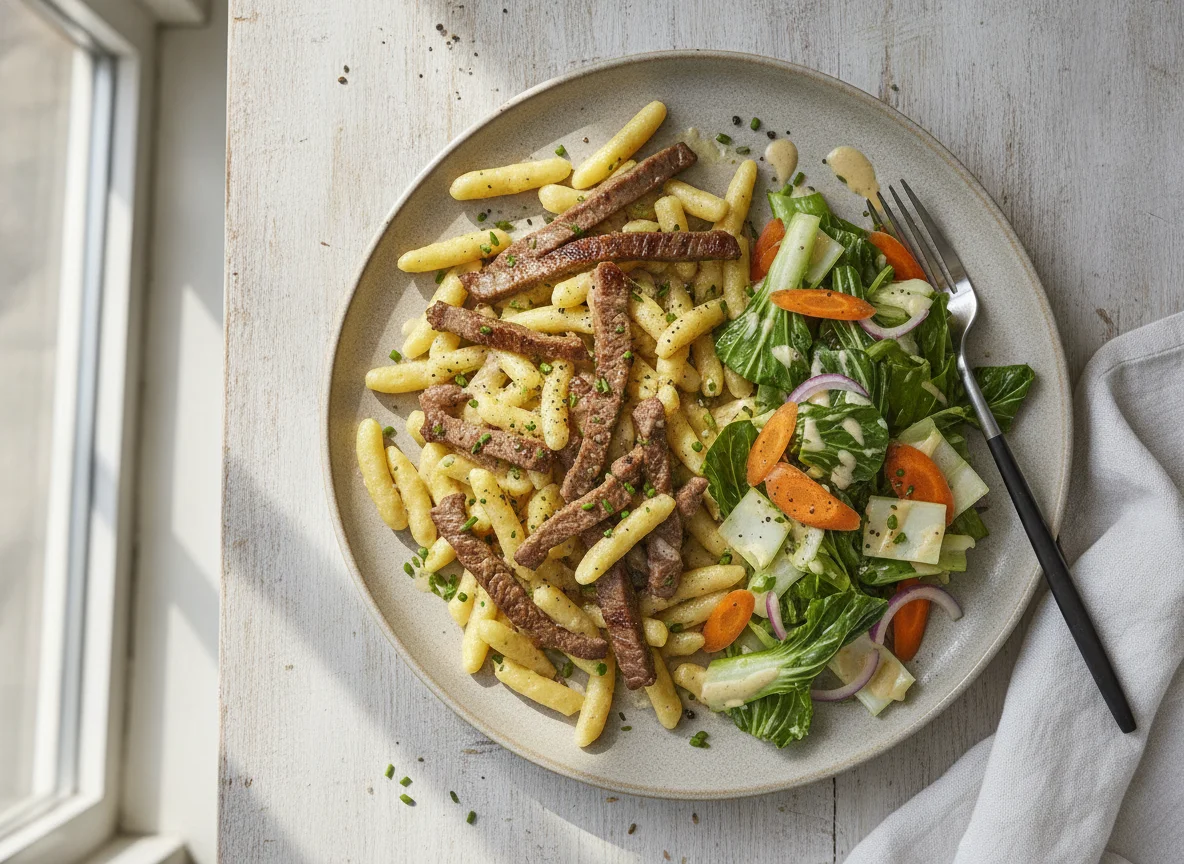 Spätzle mit Rindfleisch und Pak Choi Salat photo