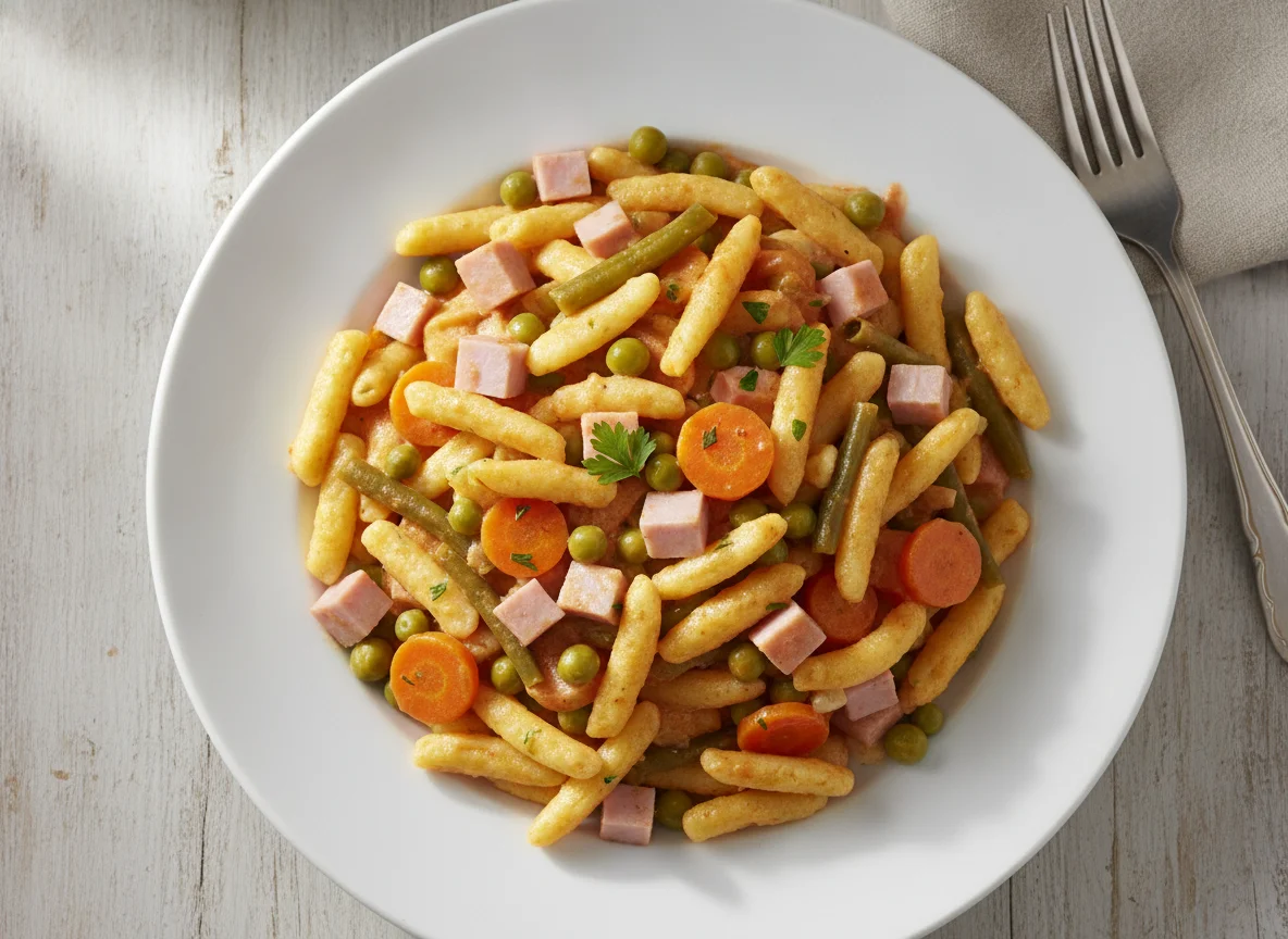 Spätzle mit Schinken und Gemüse in Rahmsauce photo