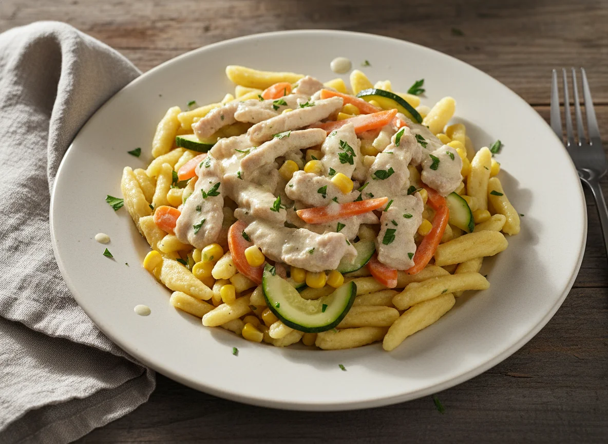 Spätzle mit Schweinegeschnetzeltem und Gemüse photo