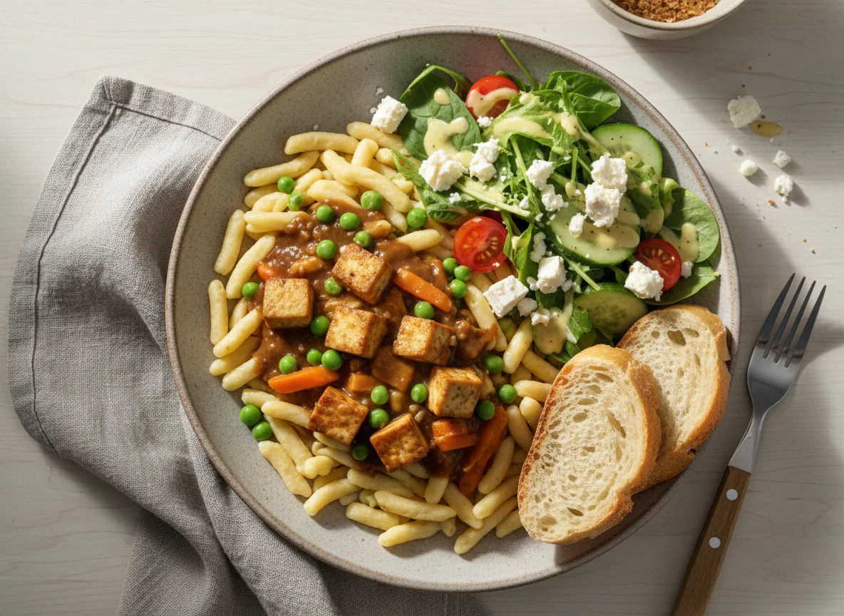 Spätzle mit Tofu, Gemüse und Salat photo
