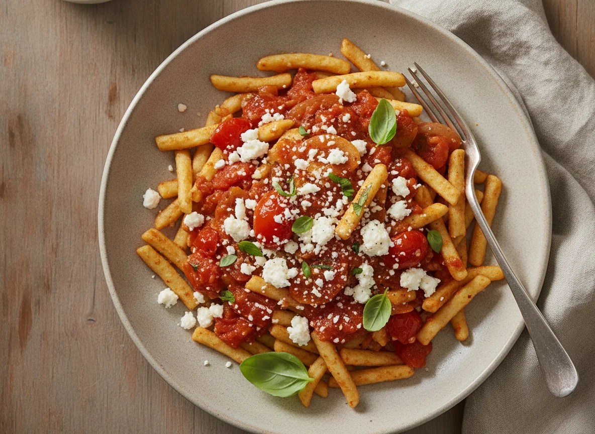 Spätzle mit Tomatensauce und Feta photo
