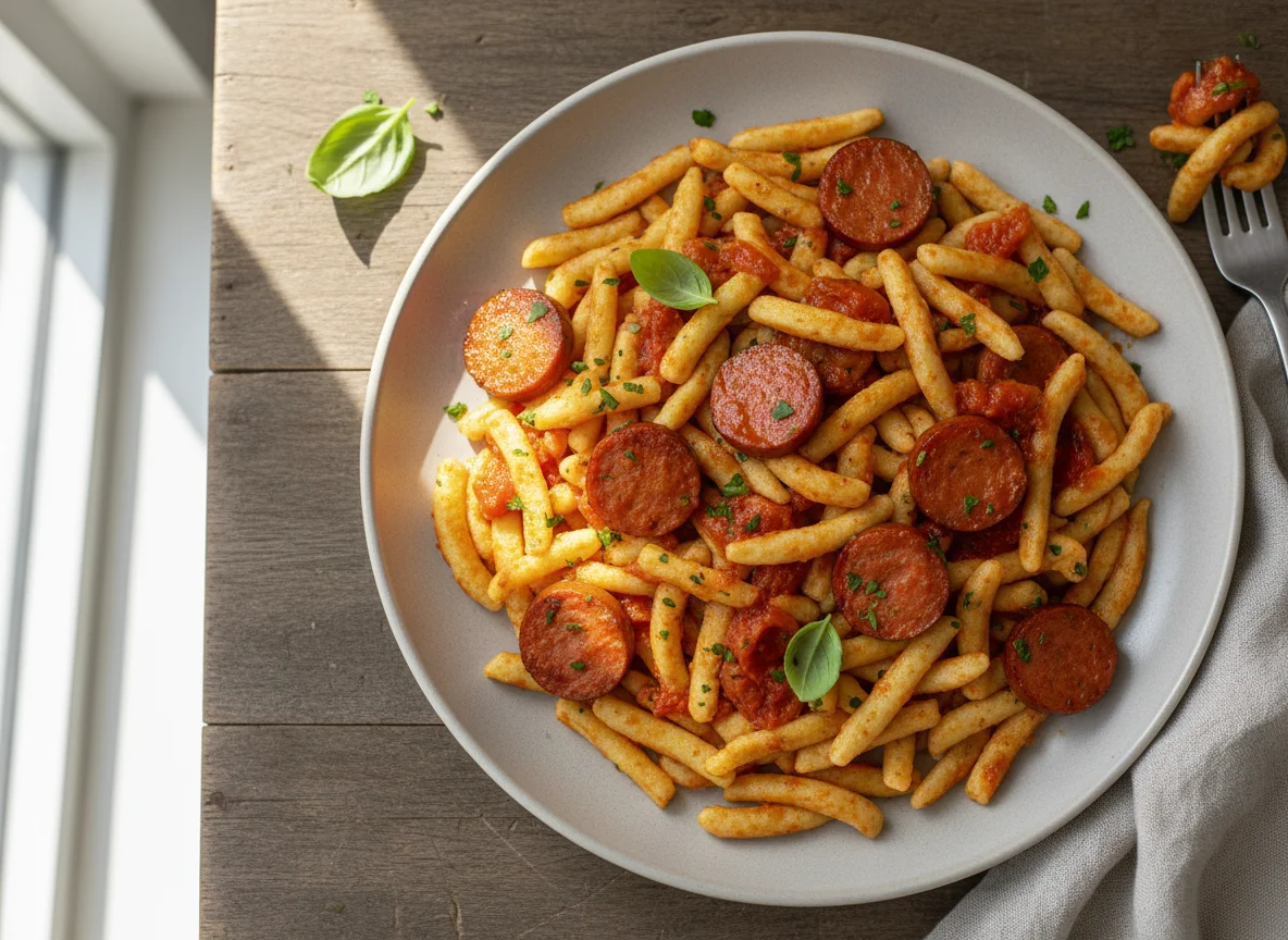 Spätzle mit Wurst und Tomatensauce photo