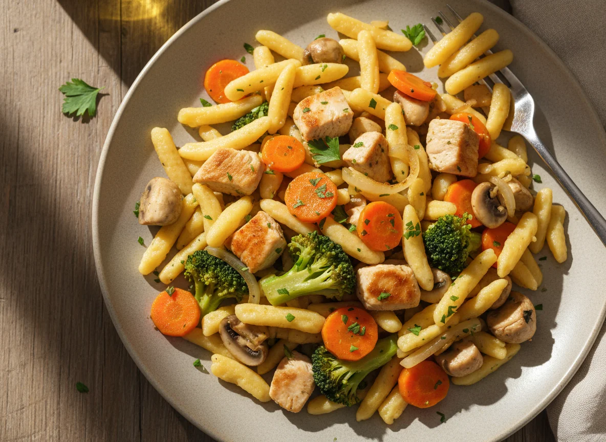 Spätzle Pfanne mit Hähnchen und Gemüse photo