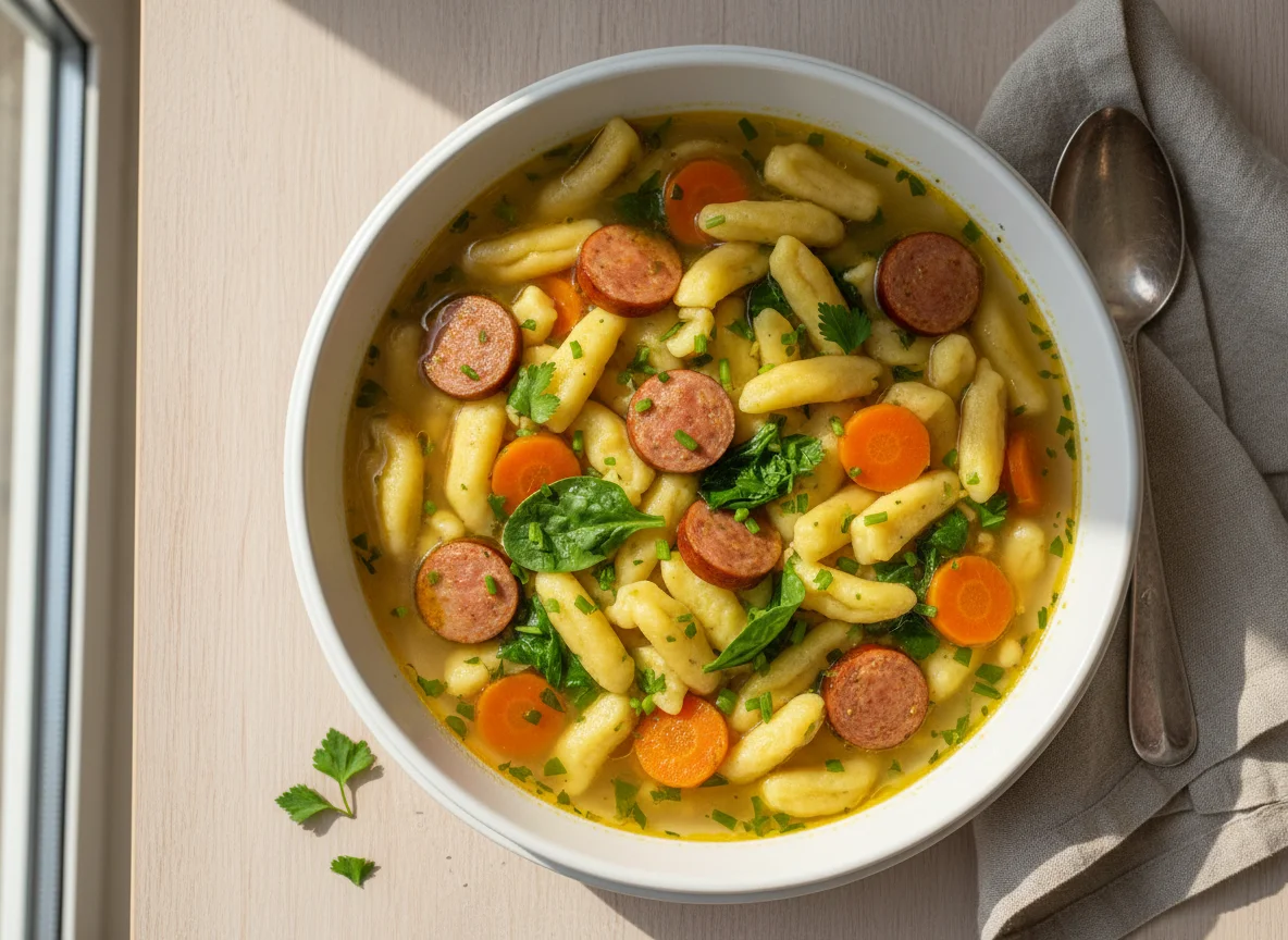 Spätzle-Eintopf mit Würstchen und Gemüse photo