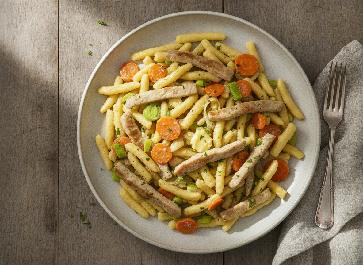 Spätzle-Pfanne mit Fleisch und Gemüse photo