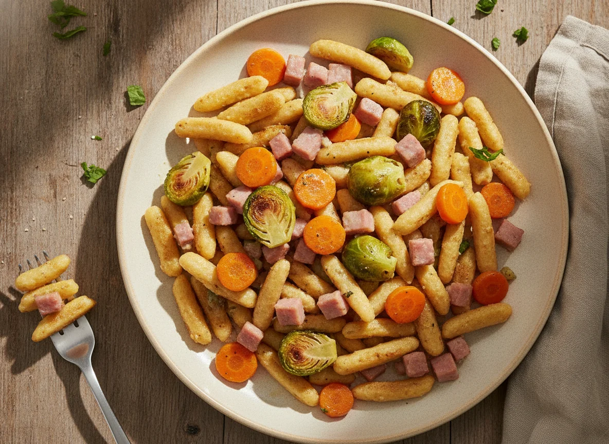 Spätzle-Pfanne mit Gemüse und Schinken photo