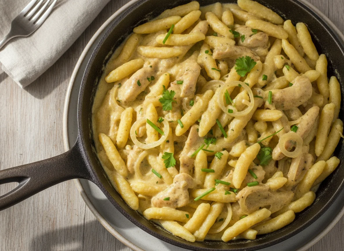Spätzle-Pfanne mit Hähnchen in Sahnesauce photo