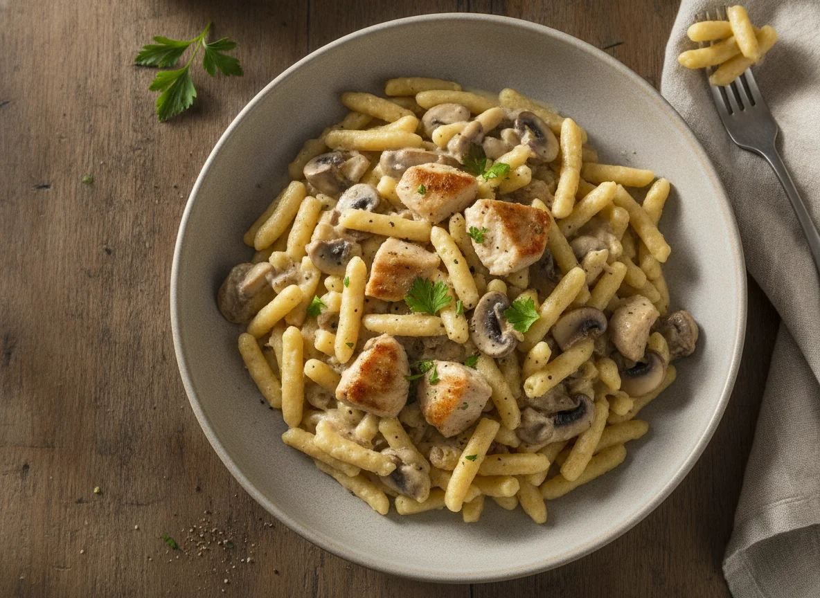 Spätzle-Pfanne mit Hähnchen und Pilzen photo