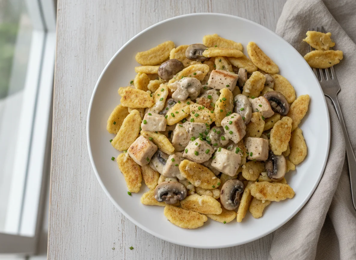 Spätzle-Pfanne mit Hähnchen und Sahnesauce photo