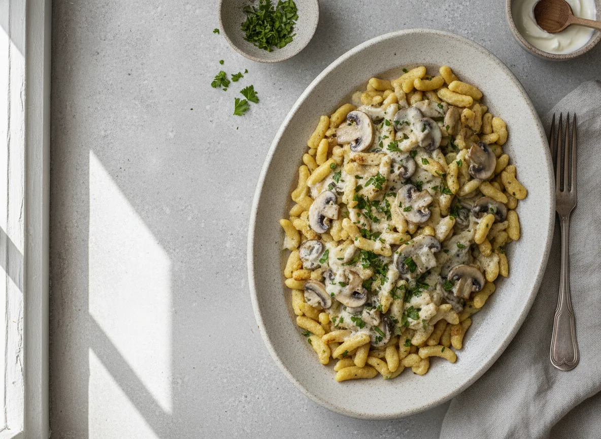 Spätzle-Pfanne mit Pilzen und Sahnesauce photo