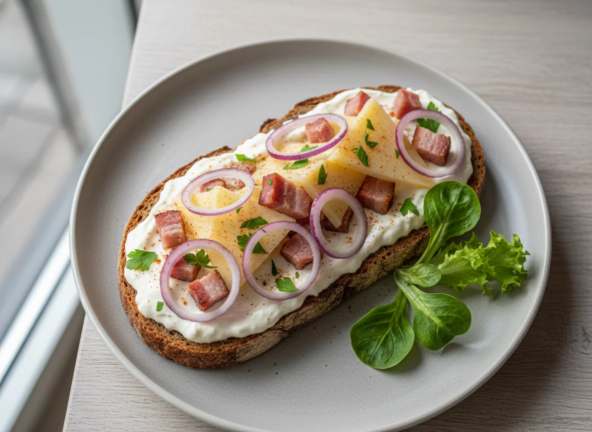Speck-Käse-Brot mit Sauerrahm und Zwiebeln photo