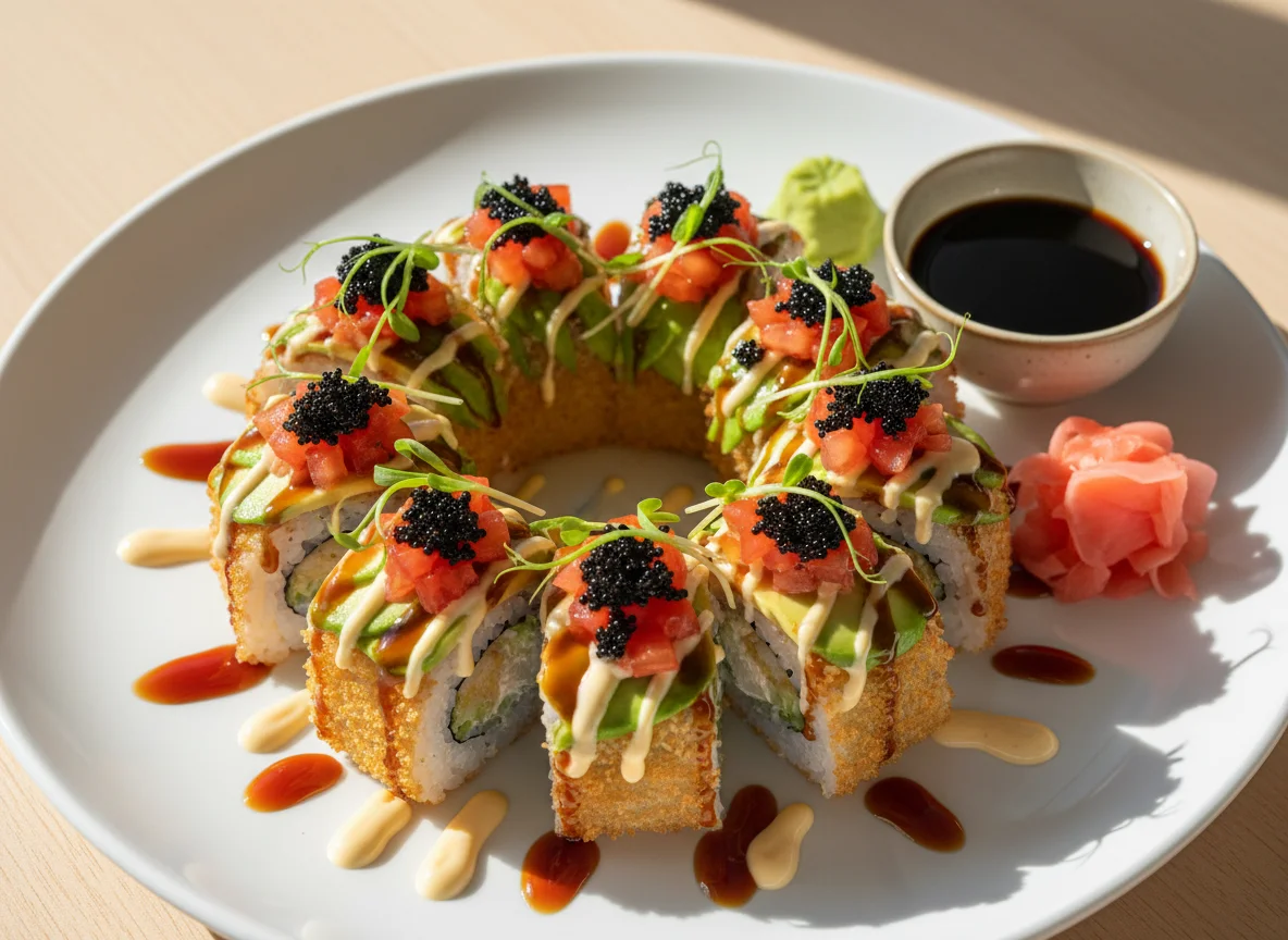 Spezial-Sushi-Rolle mit Toppings photo