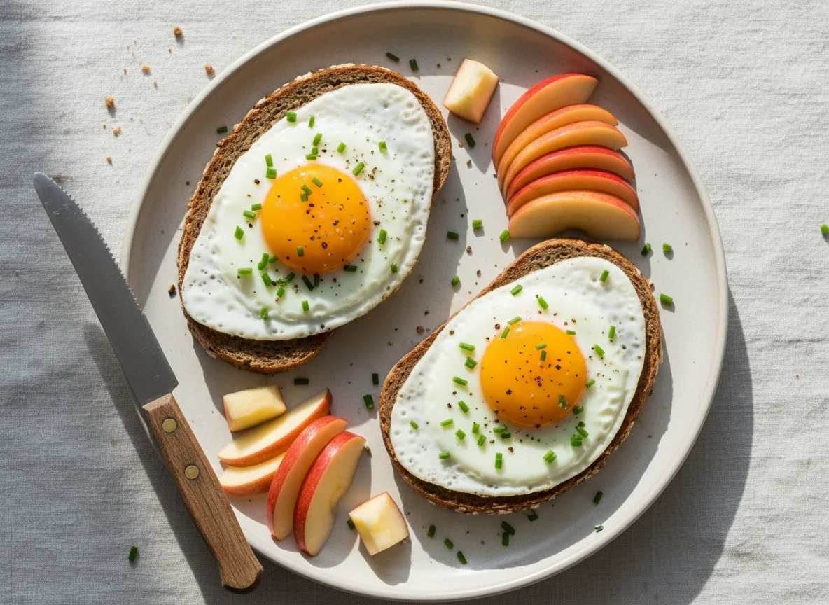 Spiegelei auf Brot mit Apfel photo