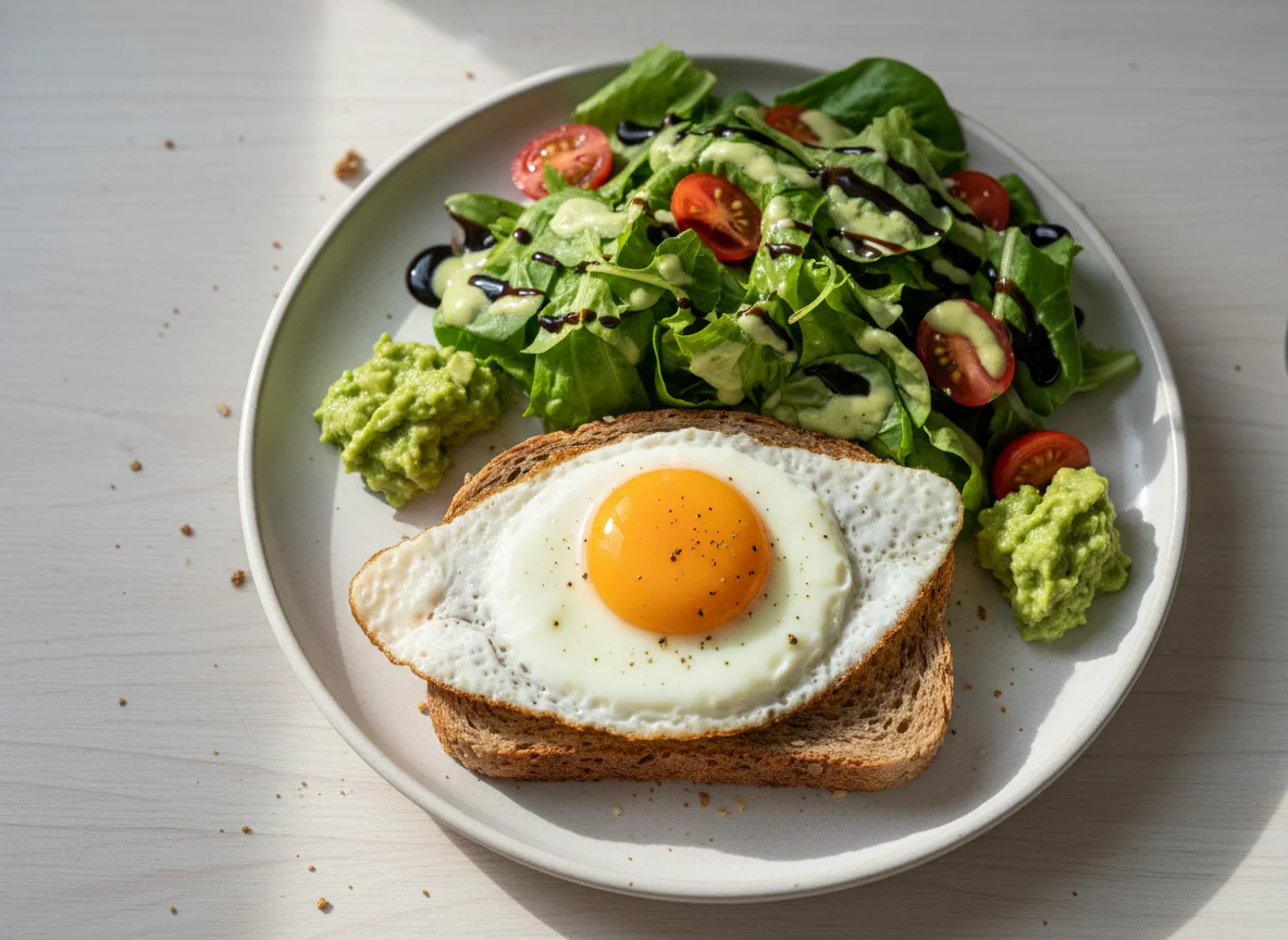 Spiegelei auf Brot mit Salat und Guacamole photo