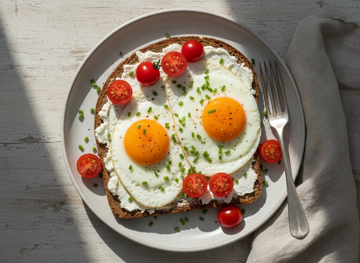 Spiegelei auf Brot mit Tomaten photo