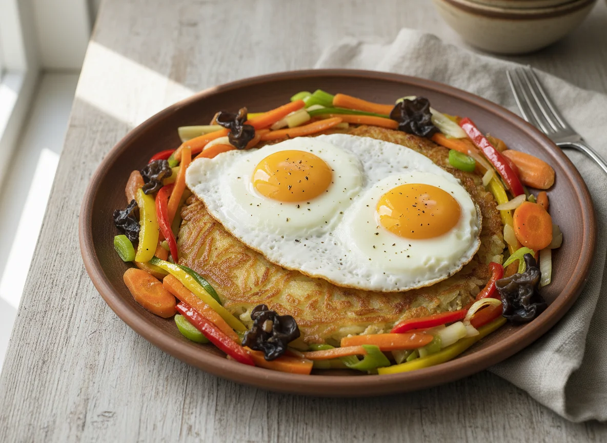 Spiegelei auf Rösti mit Gemüsepfanne photo