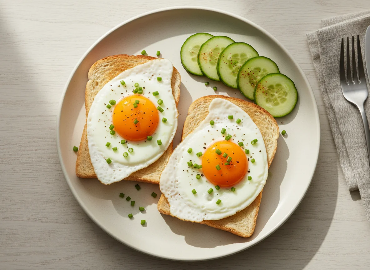 Spiegelei auf Toast mit Gurkenscheiben photo