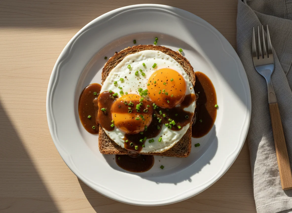 Spiegelei auf Toast mit Sauce photo