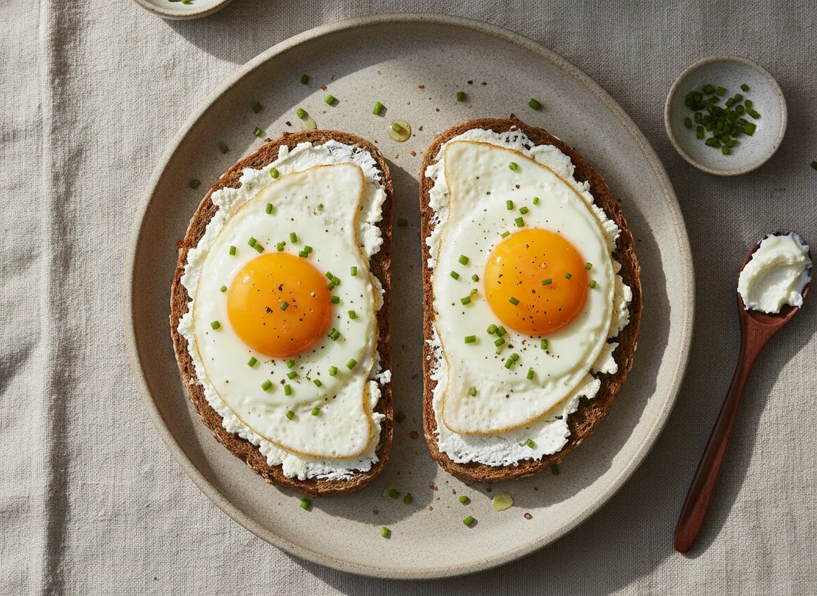 Spiegelei auf Vollkornbrot mit Frischkäse photo