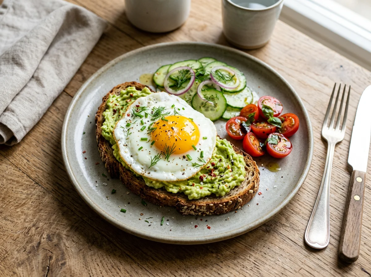 Spiegelei mit Avocado auf Brot und Beilagen photo